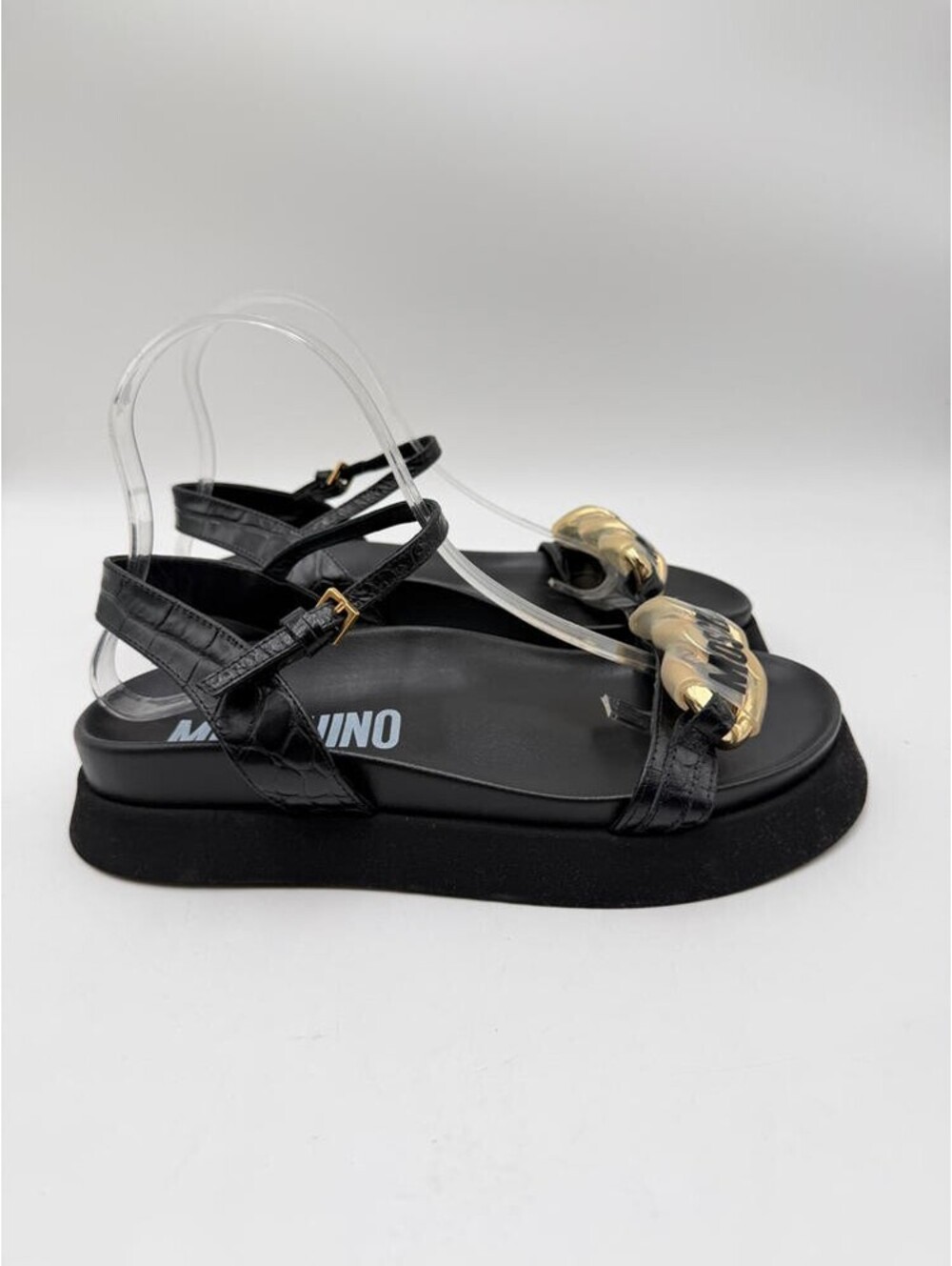 Moschino Black Leather Open Toe Embellished Ankle Strap Sandals, Size 38